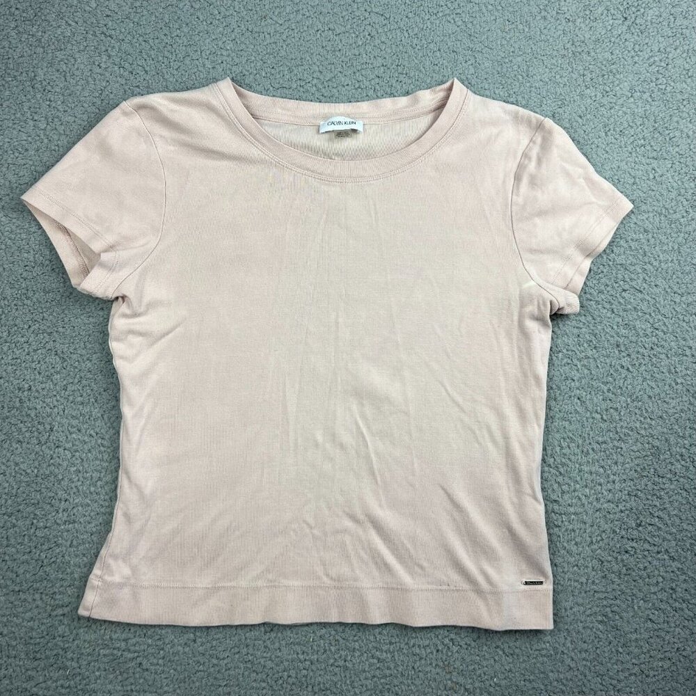 Calvin Klein Womens Crew Neck Short Sleeve Top Shirt Light Pink Size XL